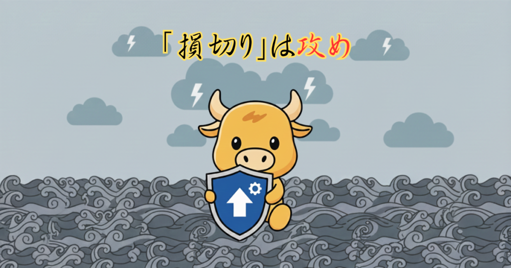 「損切りは攻め」という文字と共に盾を構える投資家ブル。相場で生き残るためのリスク管理と損切りルールの重要性を解説するイメージ画像。