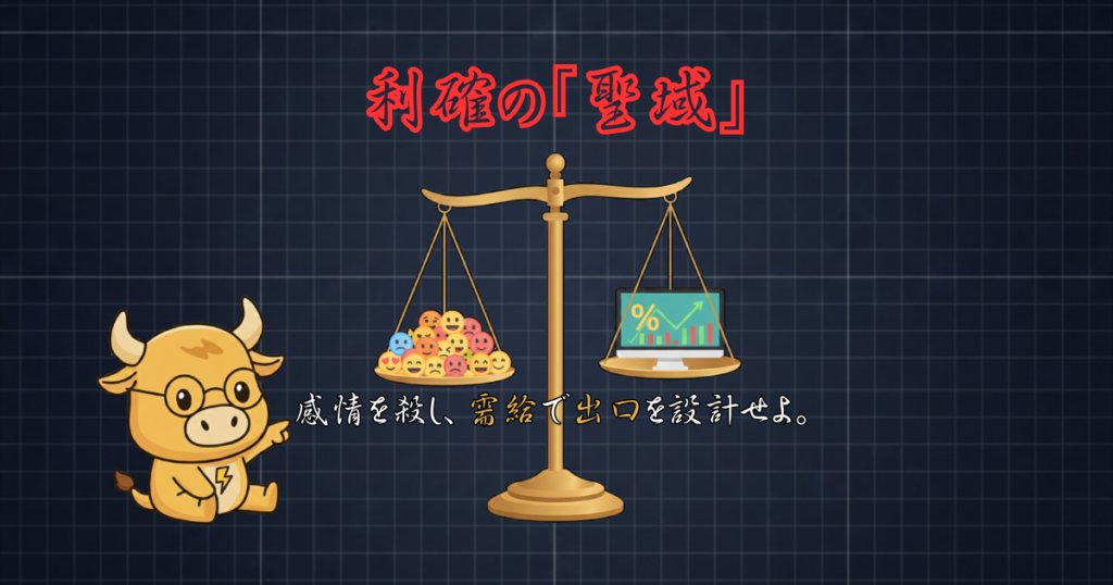 投資における利益とリスクのバランスを天秤で表現するブルのイラスト